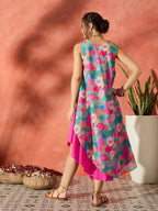 InWeave Blue Floral Fuchsia Asymmetrical Dress | Grocsy