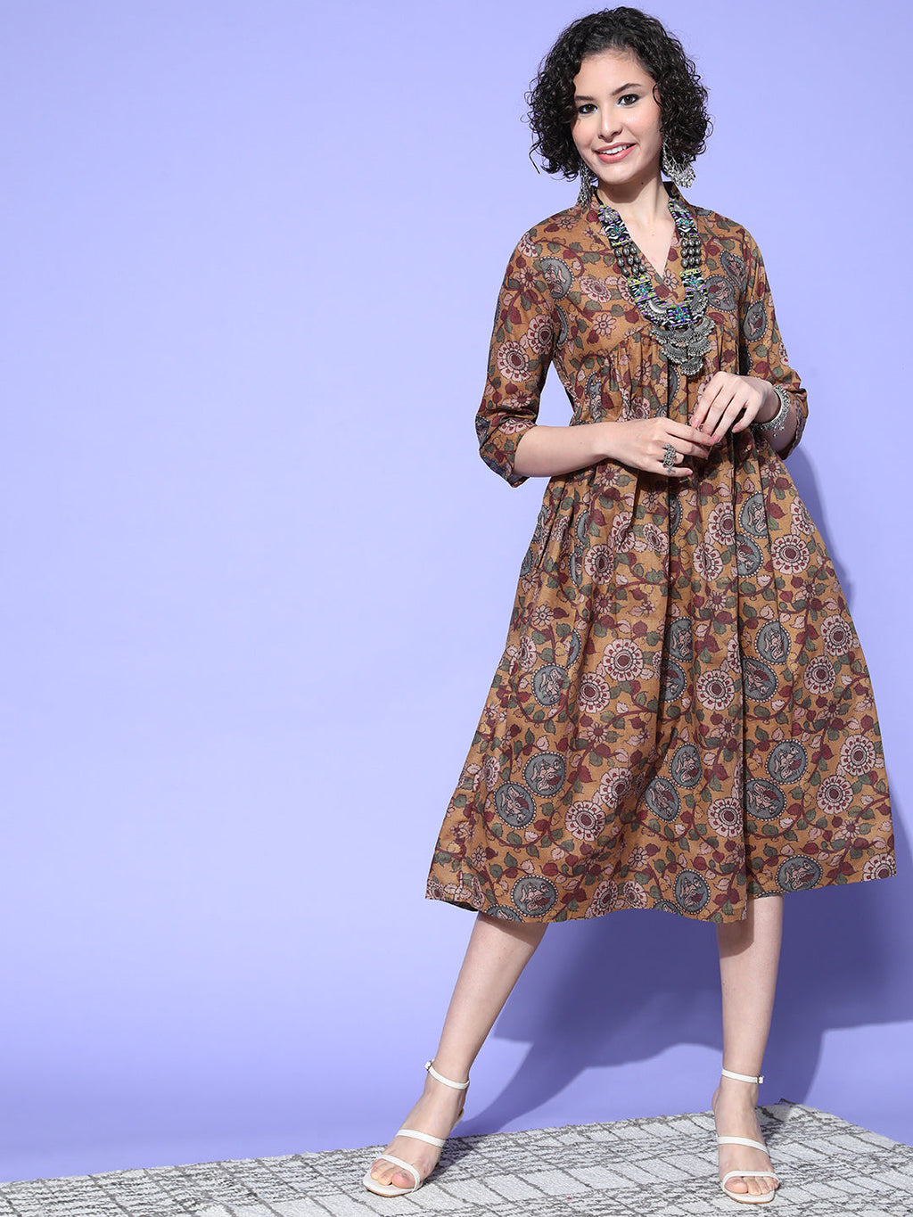 InWeave Women's Ochre Mustard Kalamkari Print Dress | Grocsy