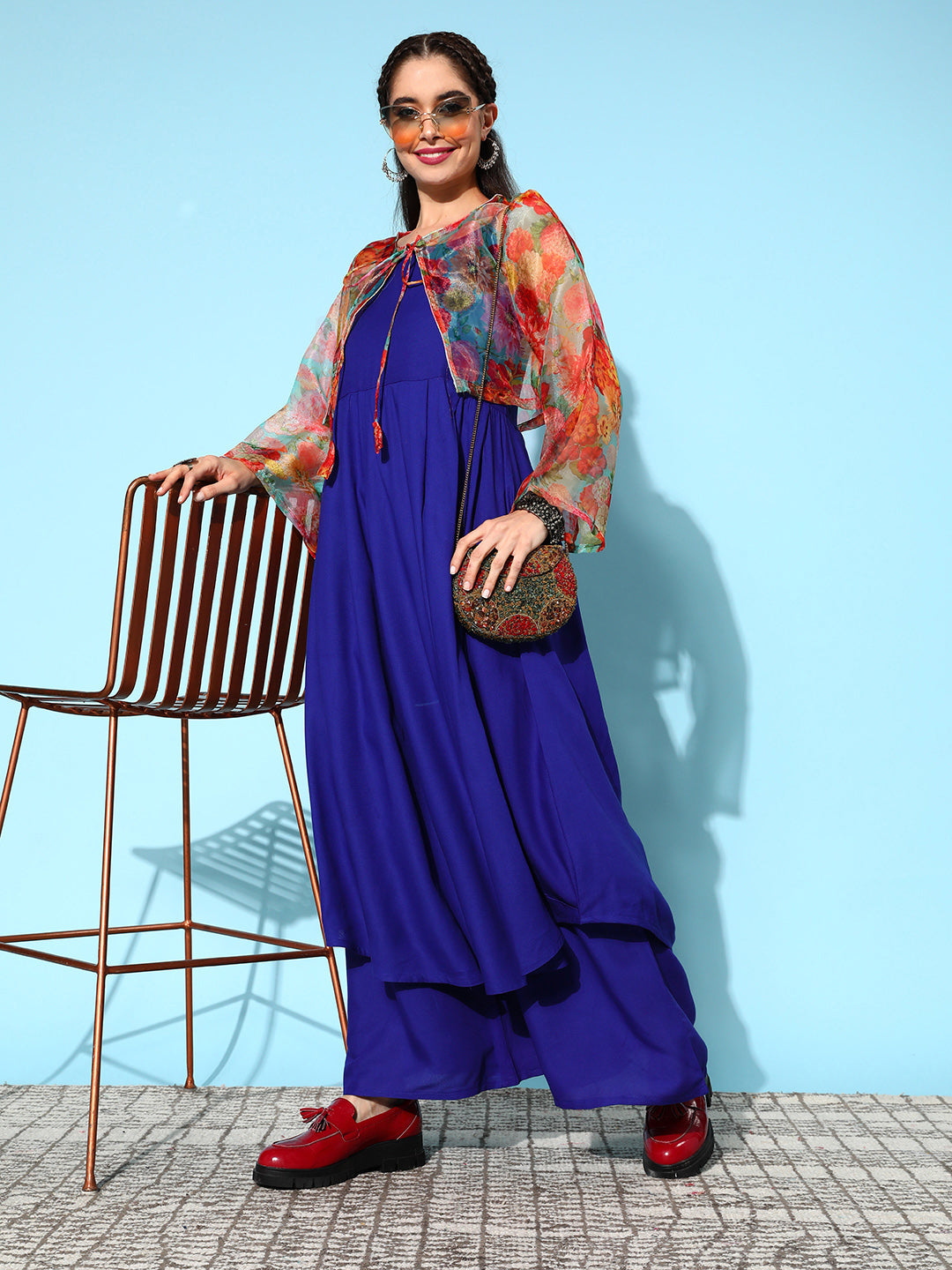 InWeave Women's Strappy Set Ink Blue With Green Floral Short Or Cape | Grocsy