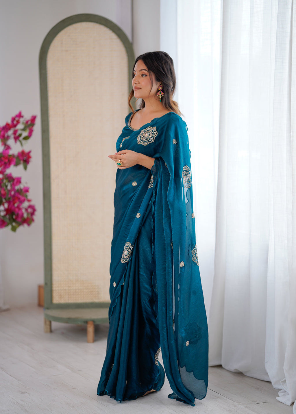 Evanik Designer Heavy Fendy Satin With Beads Embroidered Work Saree With Unstitched Blouse | Grocsy