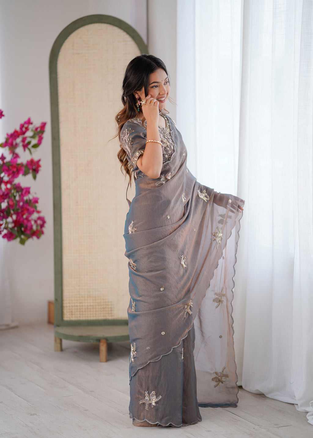 Evanik Grey Mos Silk With Handwork Butterfly Design Saree With Unstitched Blouse | Grocsy