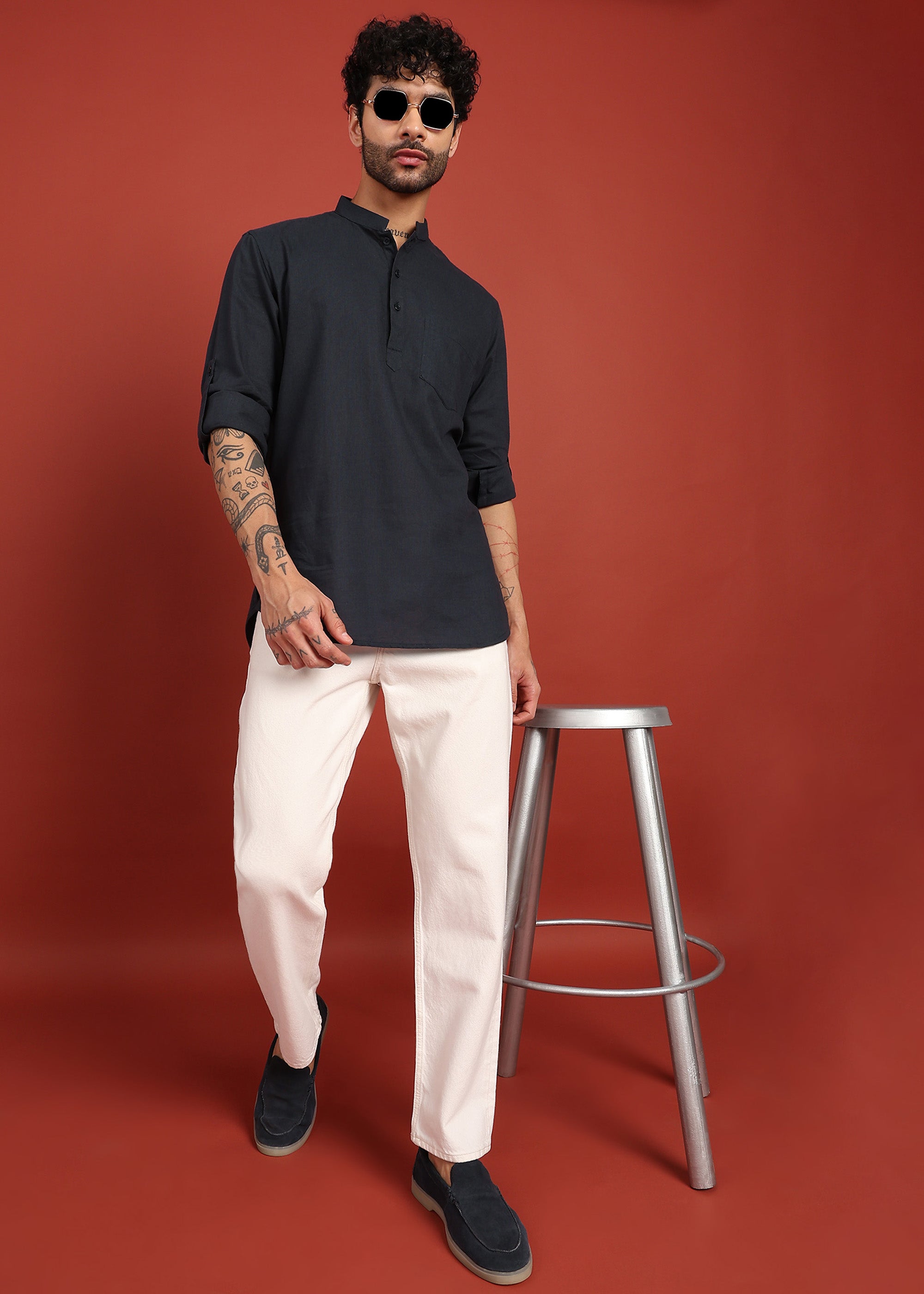 Fabmade Onyx Noir Mandarin Collar Short Kurta | Grocsy