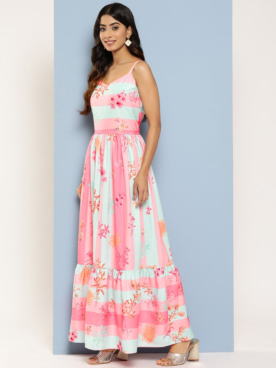 Ahalyaa Striped Floral Print Crepe Maxi Ethnic Dress | Grocsy