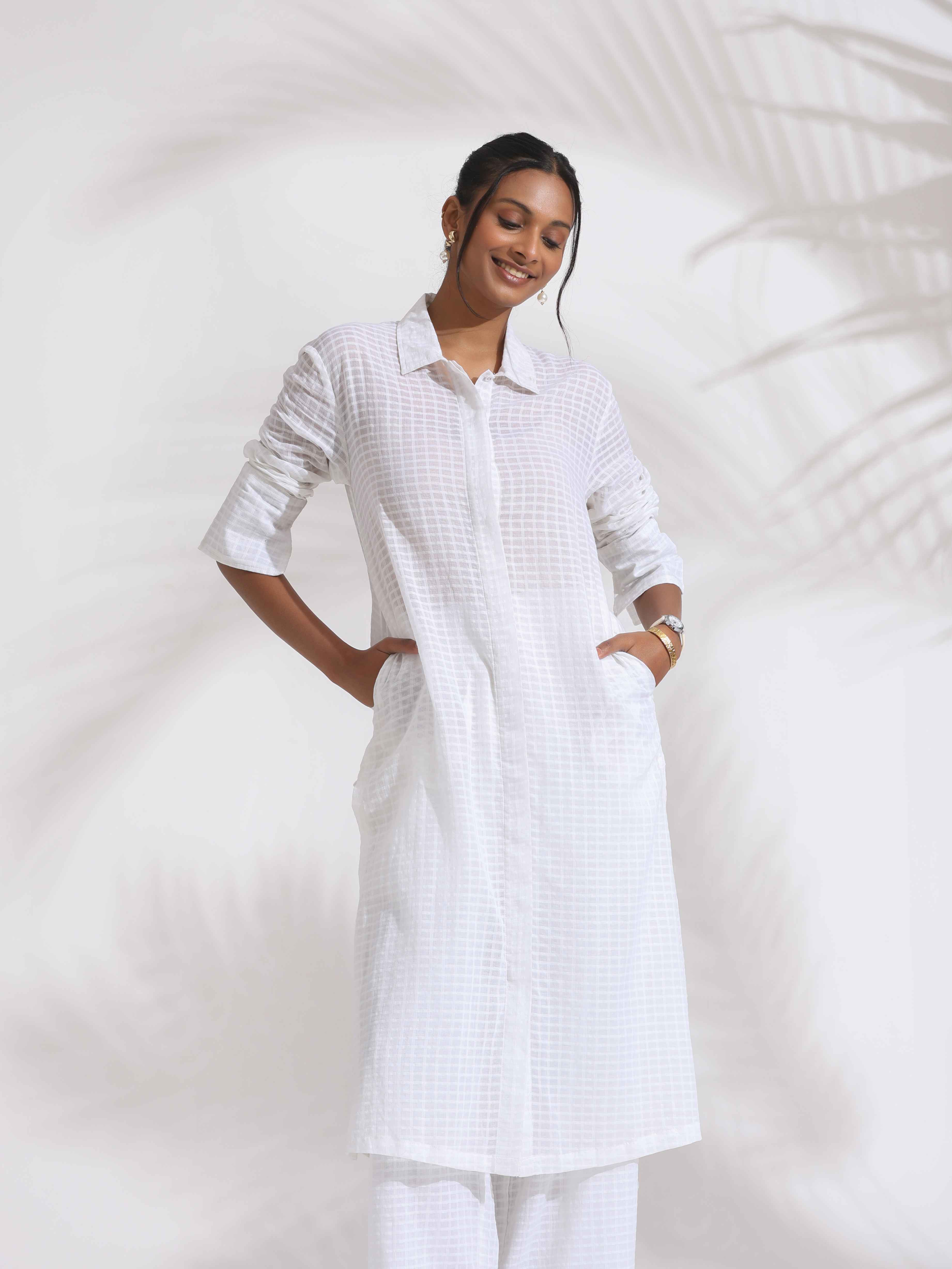 trueBrowns White Check Cotton Kurta Set | Grocsy