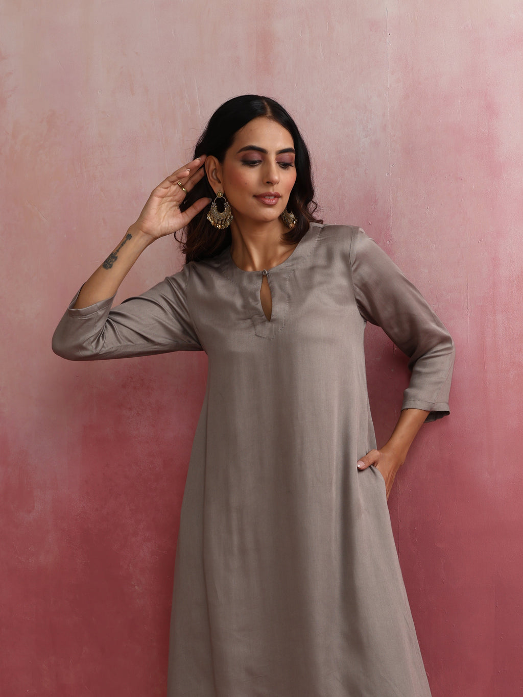 trueBrowns Grey High low Kurta Set | Grocsy