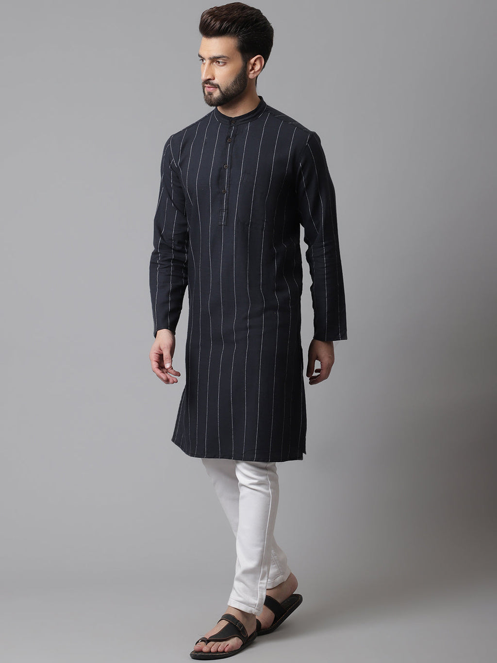 Even Apparels Black Pure Cotton Kurta With Band Collar | Grocsy