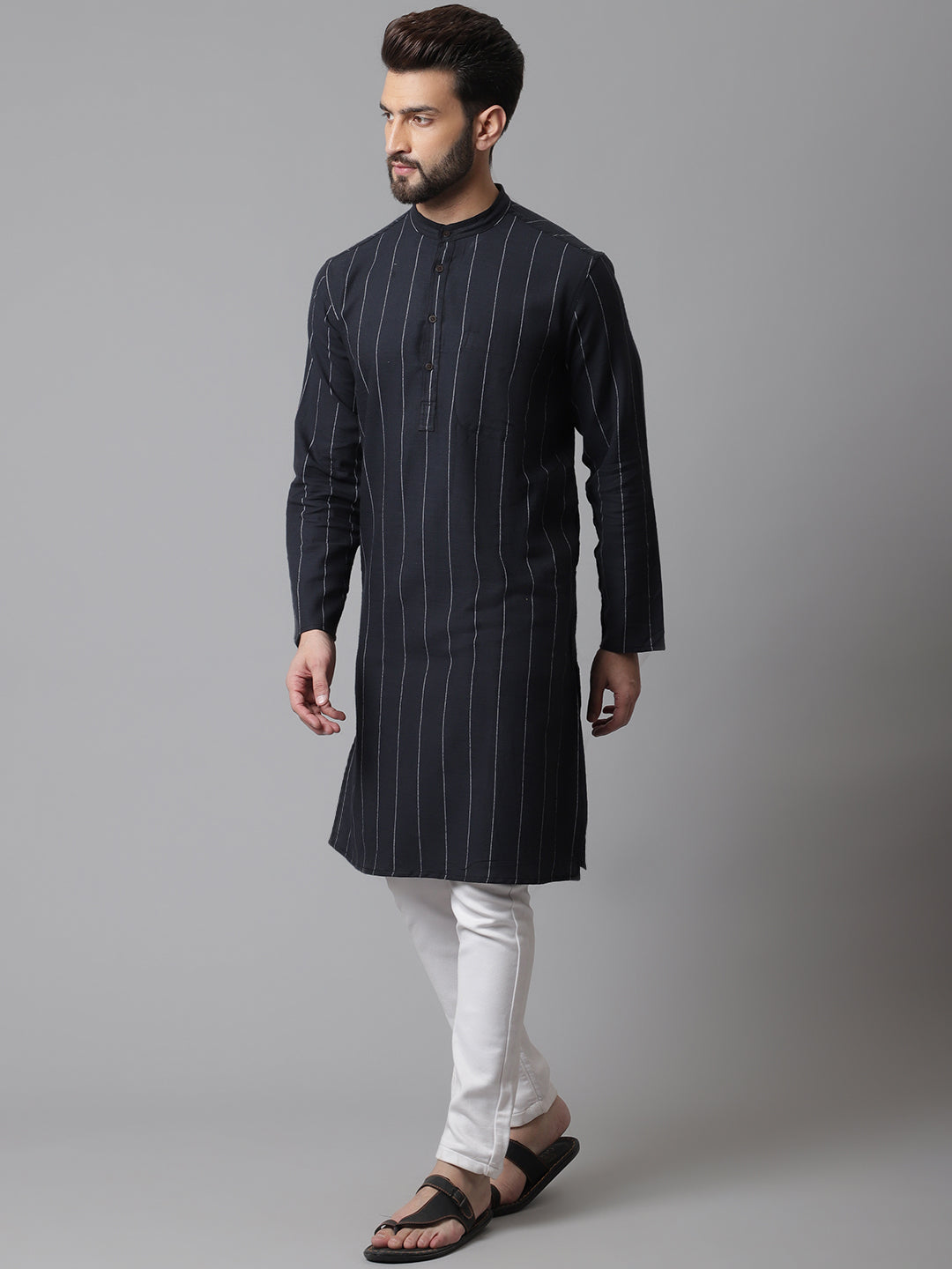 Even Apparels Black Pure Cotton Kurta With Band Collar | Grocsy