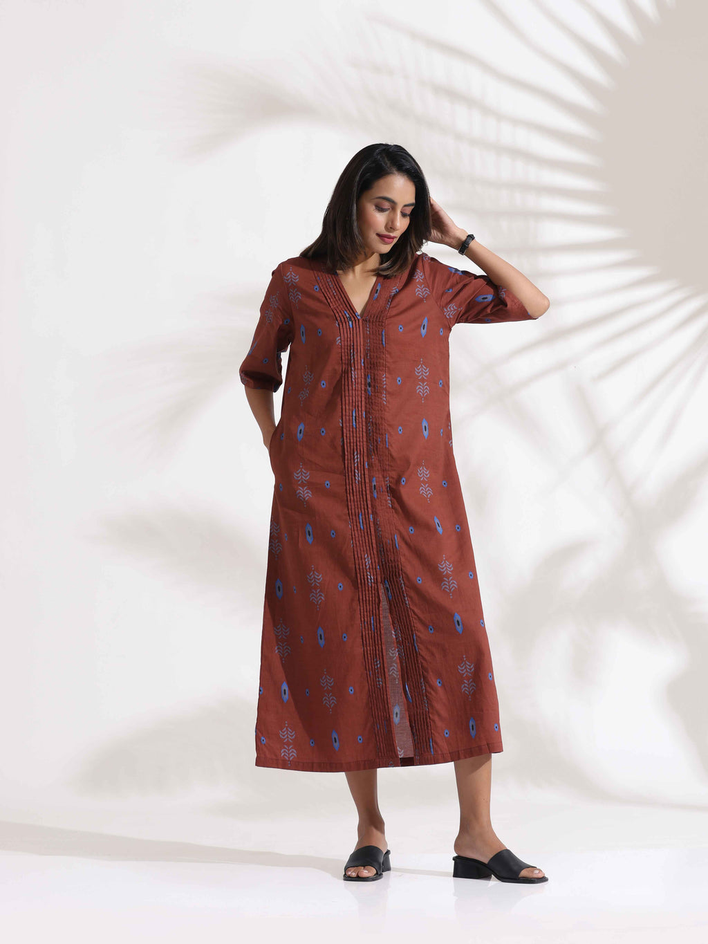 trueBrowns Brown Cotton Print pleated Dress | Grocsy