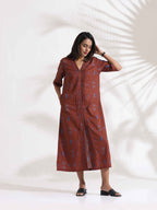 trueBrowns Brown Cotton Print pleated Dress | Grocsy
