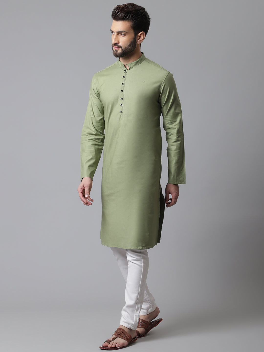 Even Apparels Green Pure Cotton Kurta With Band Collar | Grocsy