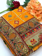 Lorenvalley Fashion Premium Yellow Vichitra Silk Embroidery and Diamond work Both Side Saree | Grocsy