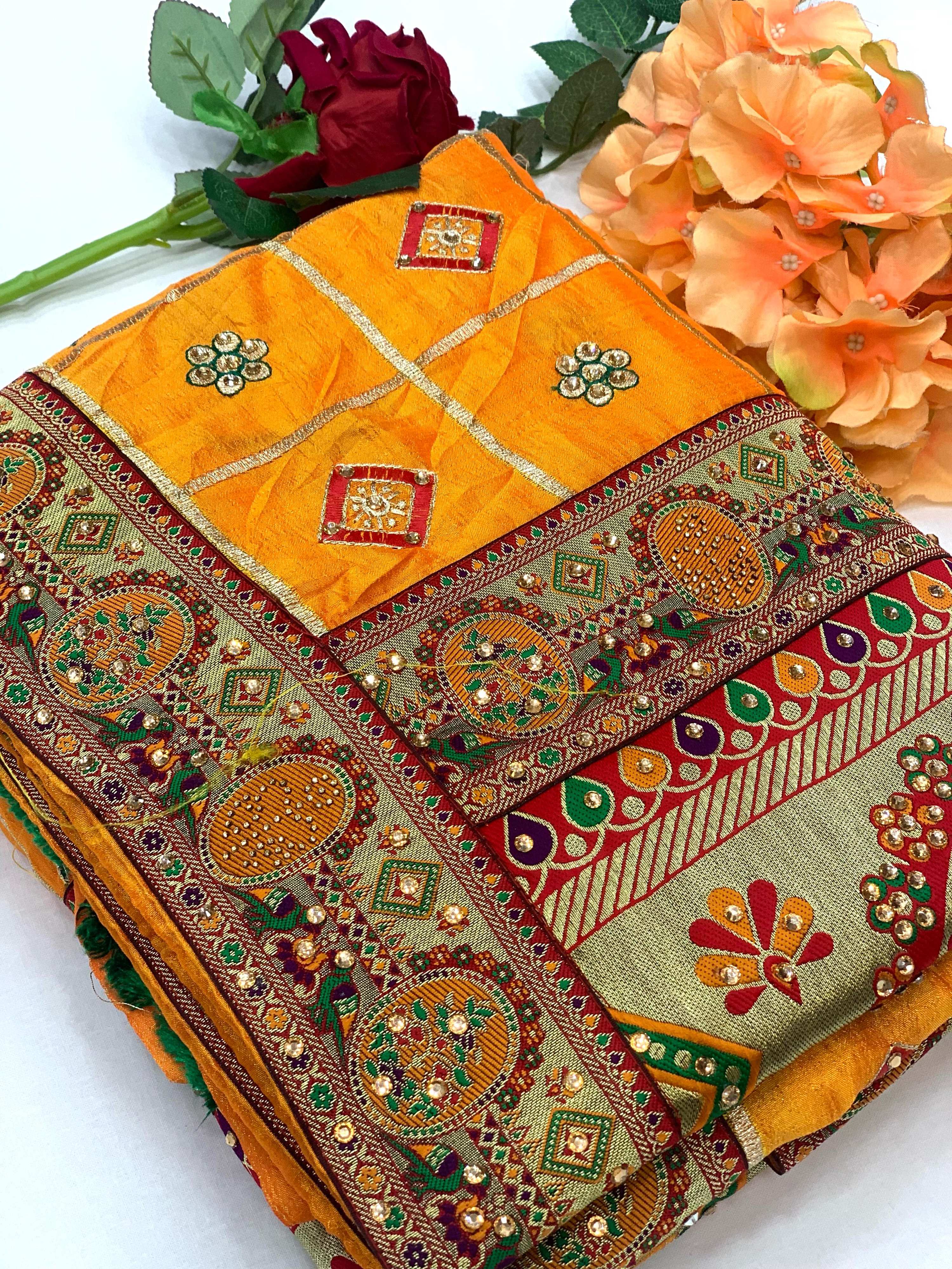 Lorenvalley Fashion Premium Yellow Vichitra Silk Embroidery and Diamond work Both Side Saree | Grocsy