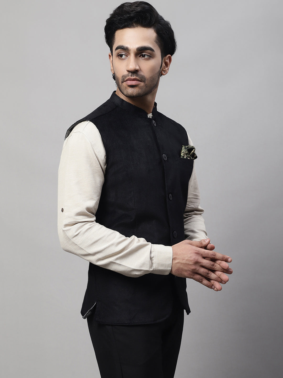 Even Apparels Men's Black Nehru Jacket With Welt Pockets | Grocsy