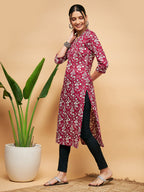 InWeave Women's Wine Floral Print Straight Angrakha Gota Kurta | Grocsy