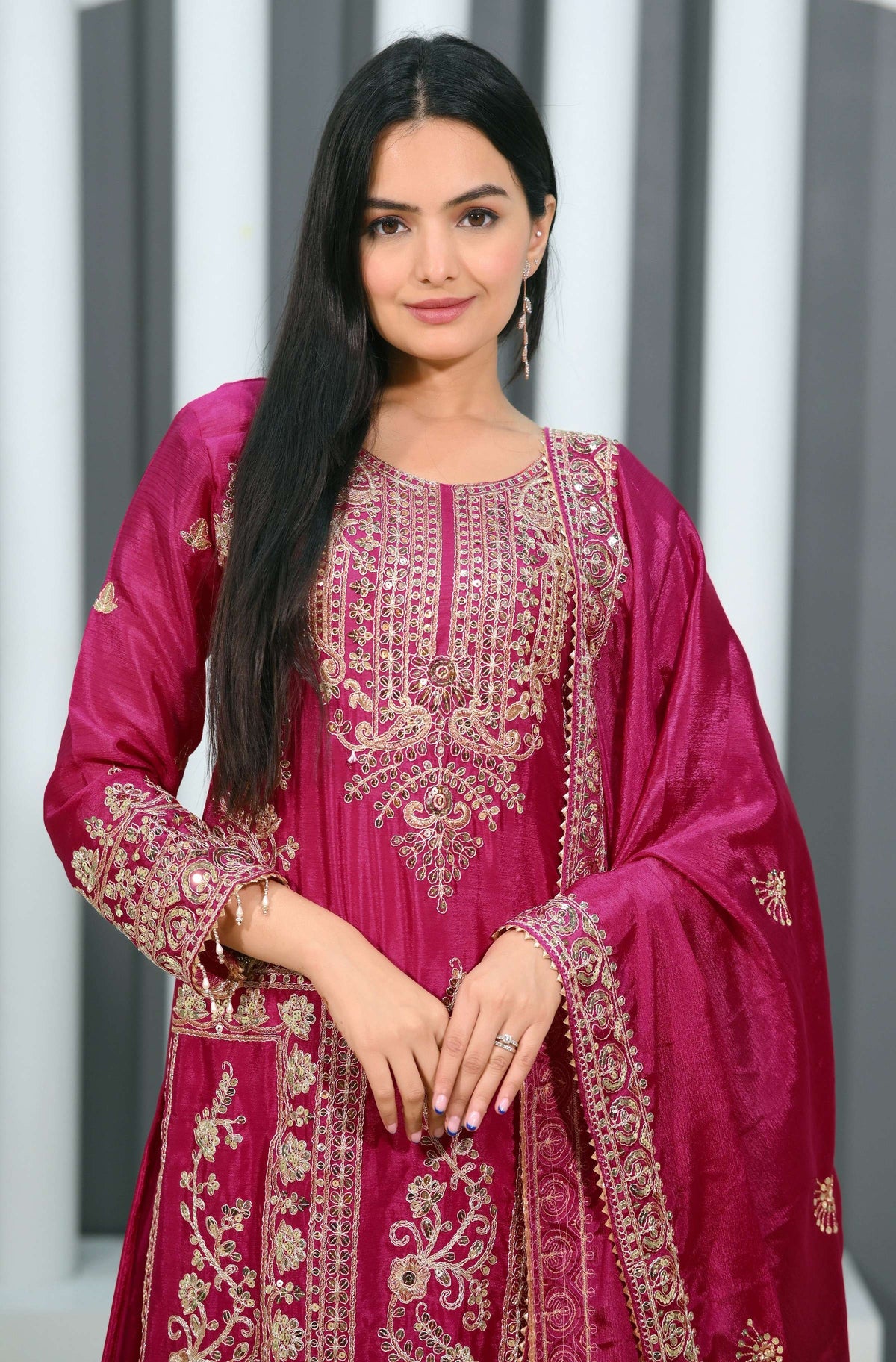 Teeya Creation Rani Color Chinon Silk Heavy Embroidery Work Fully Stitched Salwar Suit | Grocsy