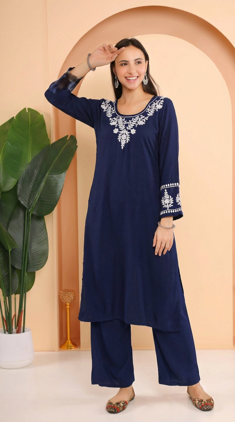 Gharana India Ishq Luxury Rayon 2Pc Navy Blue Chikankari Kurta Set | Grocsy