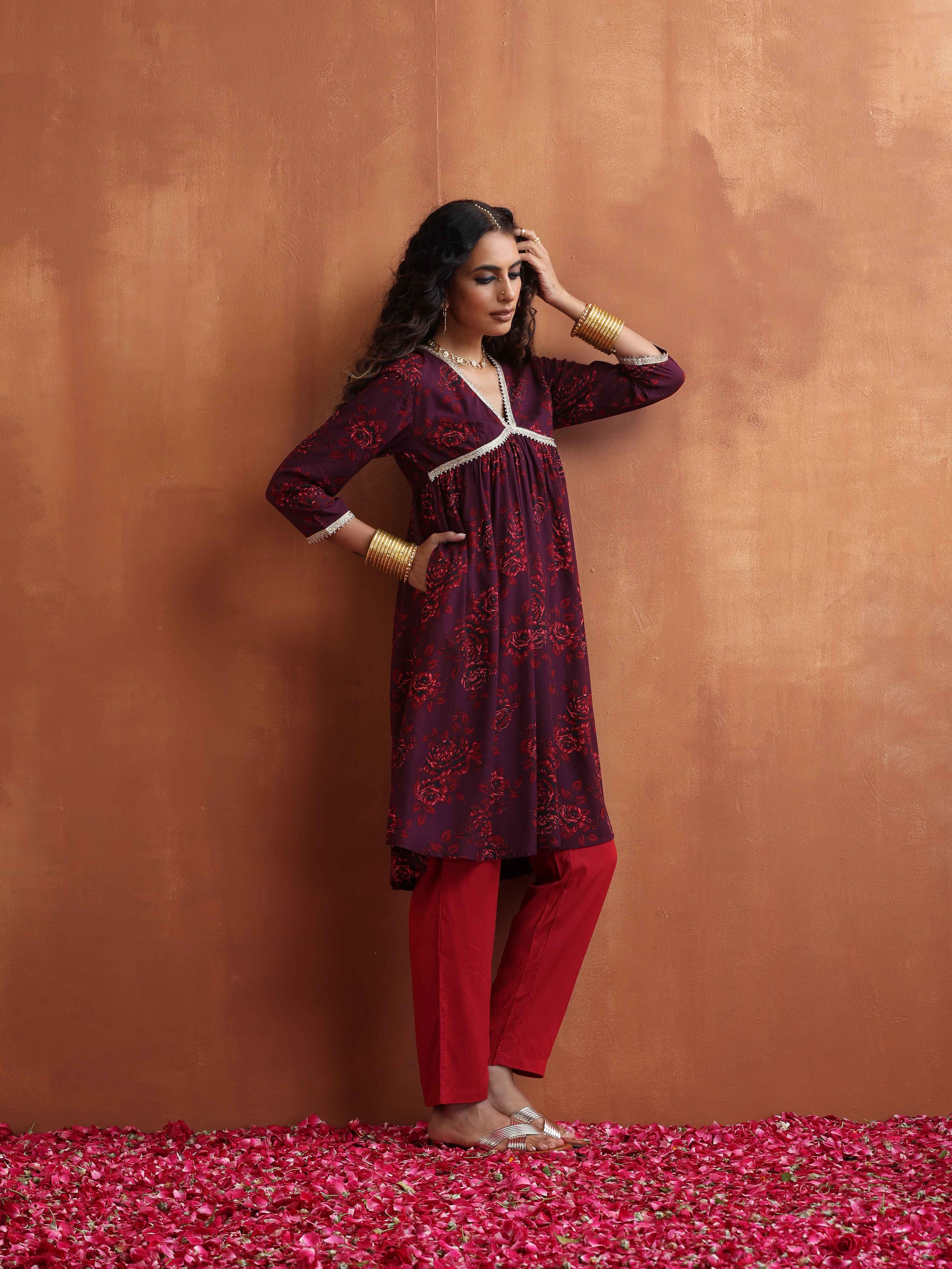 trueBrowns Purple Floral Print Anarkali Kurta Co-ord Set | Grocsy