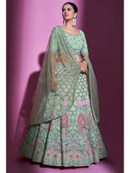Myra Pista Green Georgette Embroidered Designer Lehenga Choli | Grocsy