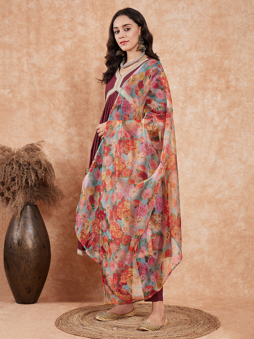 InWeave Women's Dark Burgundy Alia Neck Style Gota Set W Organza Dupatta | Grocsy