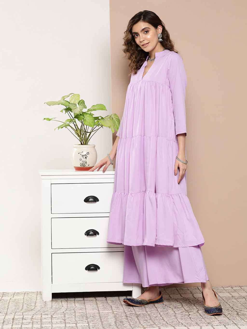 InWeave Women's Mauve Tiered Anarkali Kurta Set | Grocsy