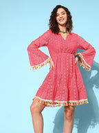InWeave Women's Peach Lacy Dress With Tassels | Grocsy