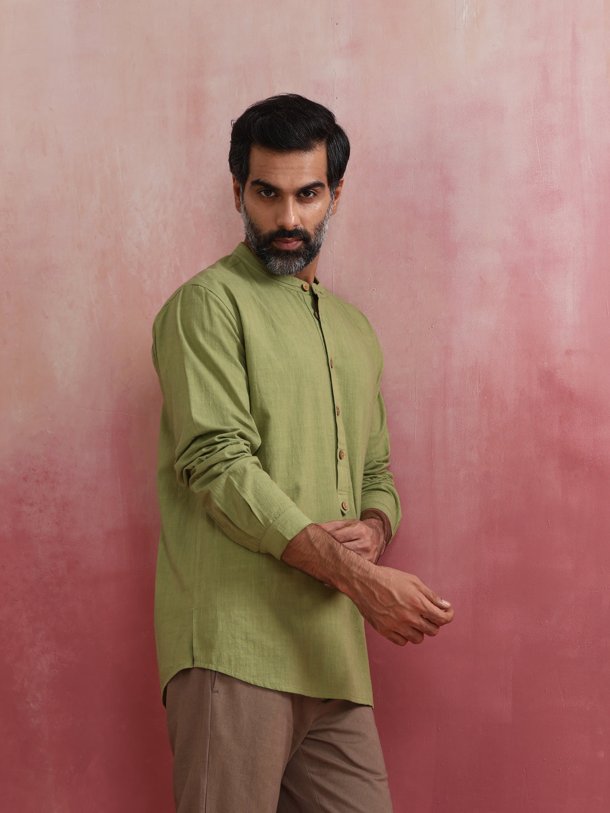 trueBrowns Men's Pista Green Cotton Mandarin Collar Stylized Kurta | Grocsy