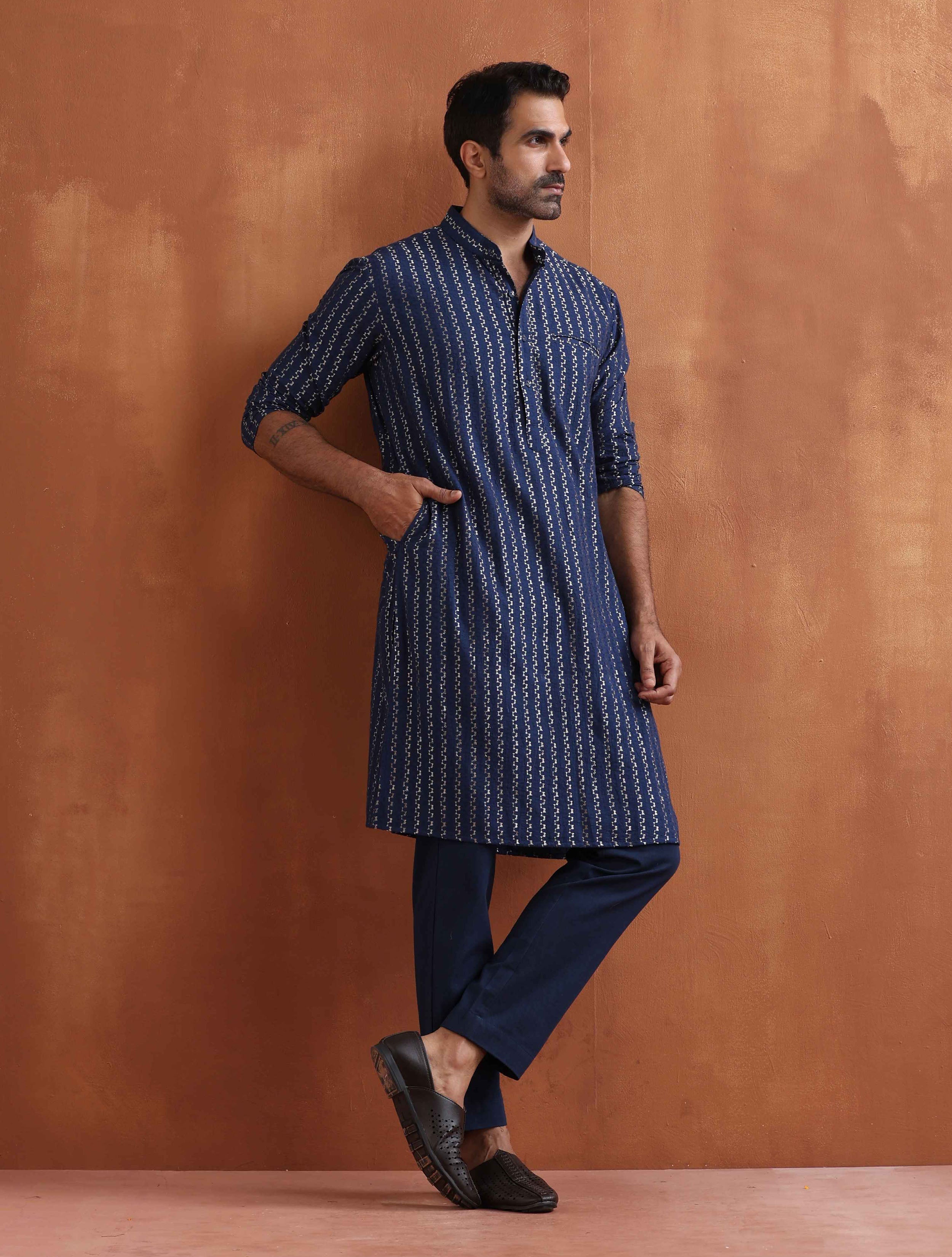 trueBrowns Men's Blue Cotton Dobby Kurta | Grocsy
