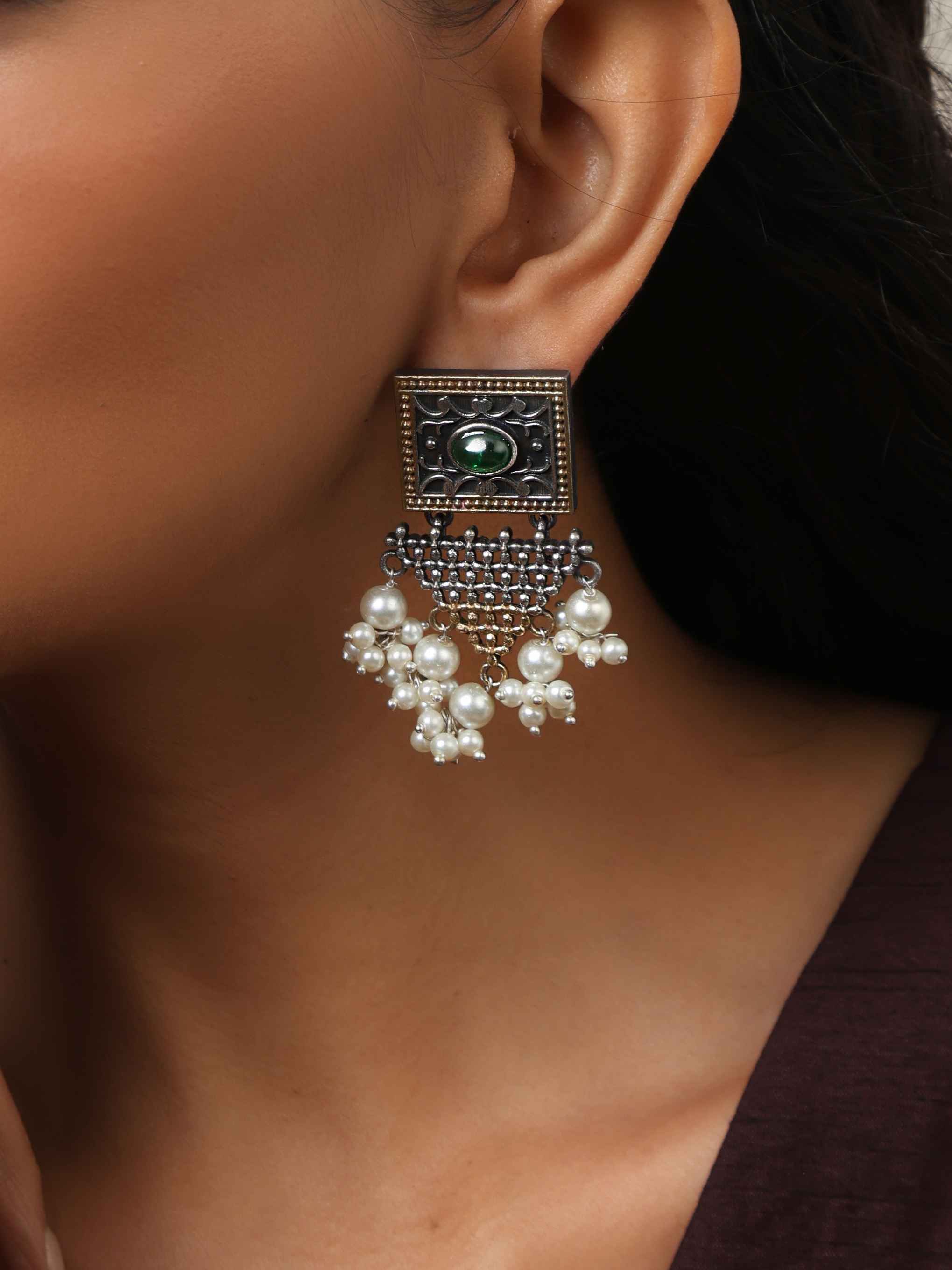 trueBrowns Silver Gold Tone Floral Silver Jaal Dangle Earrings | Grocsy