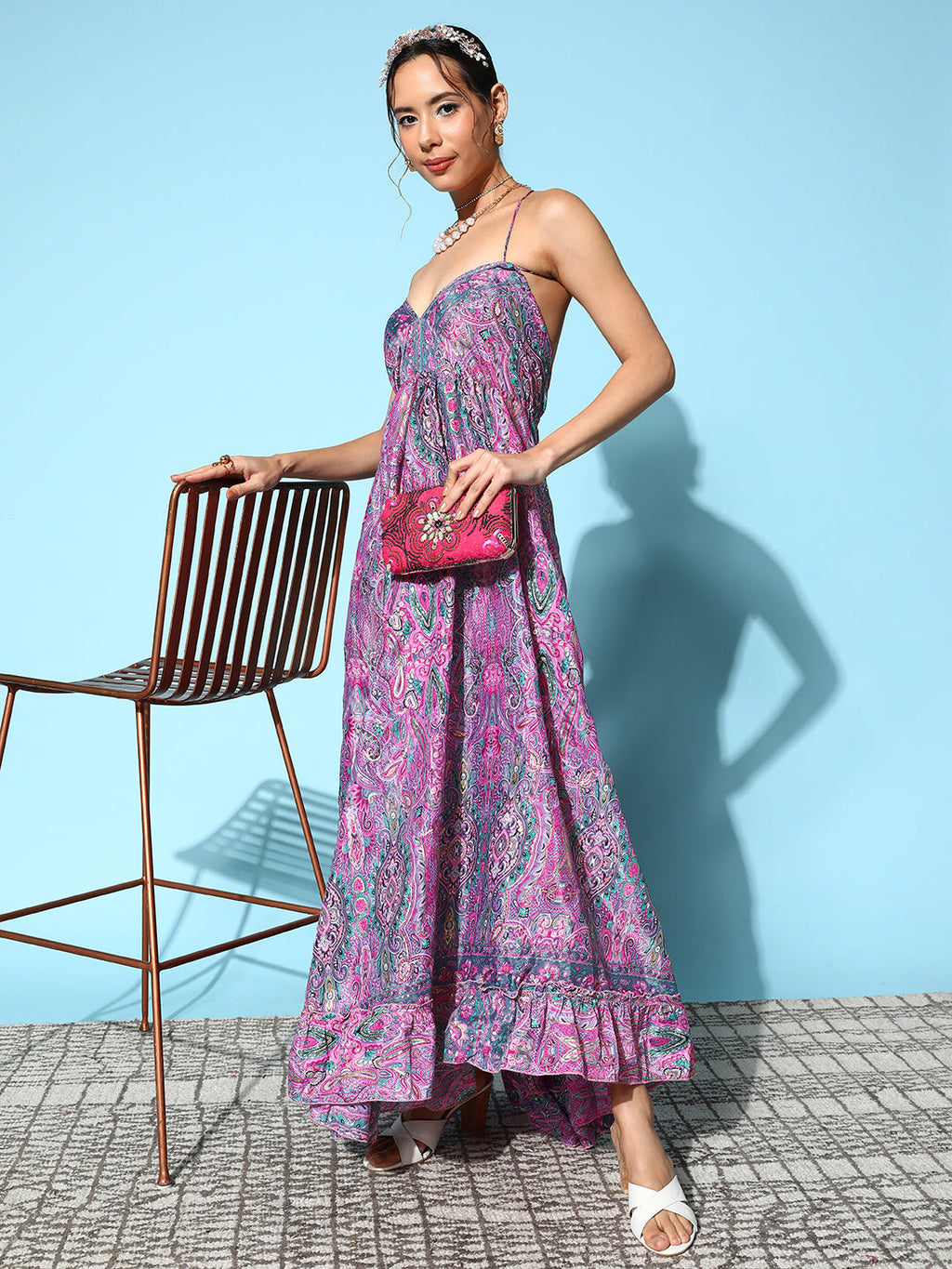 InWeave Women's Pink Paisley Print Back Detail Long Dress | Grocsy