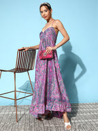 InWeave Women's Pink Paisley Print Back Detail Long Dress | Grocsy