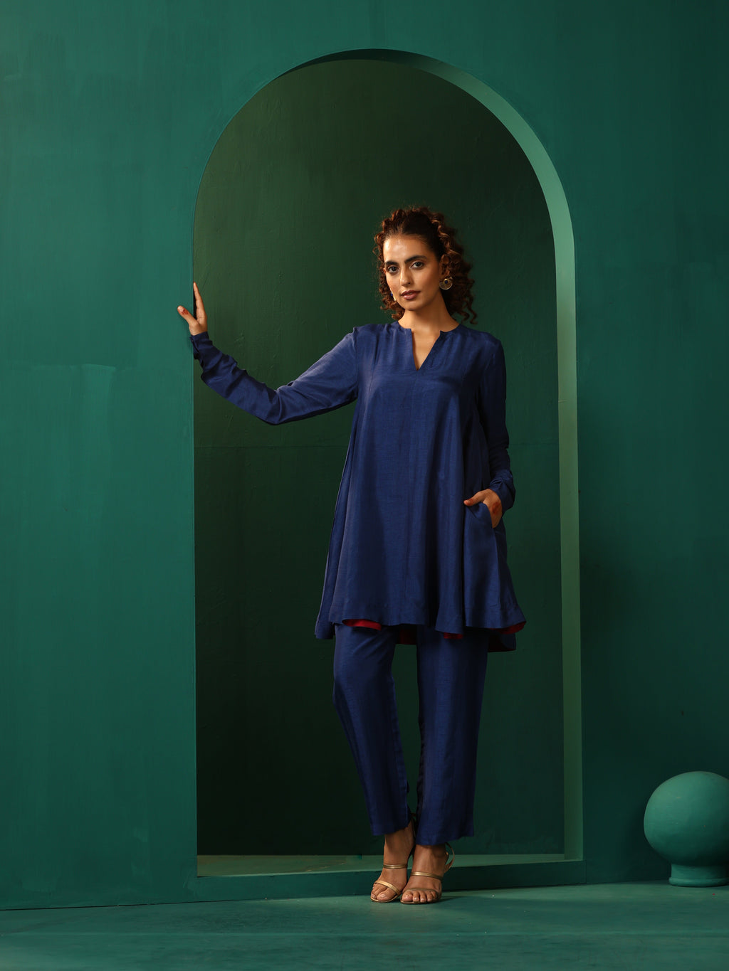 trueBrowns Blue Silk Flared Co-ord Set | Grocsy