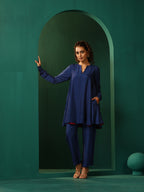 trueBrowns Blue Silk Flared Co-ord Set | Grocsy