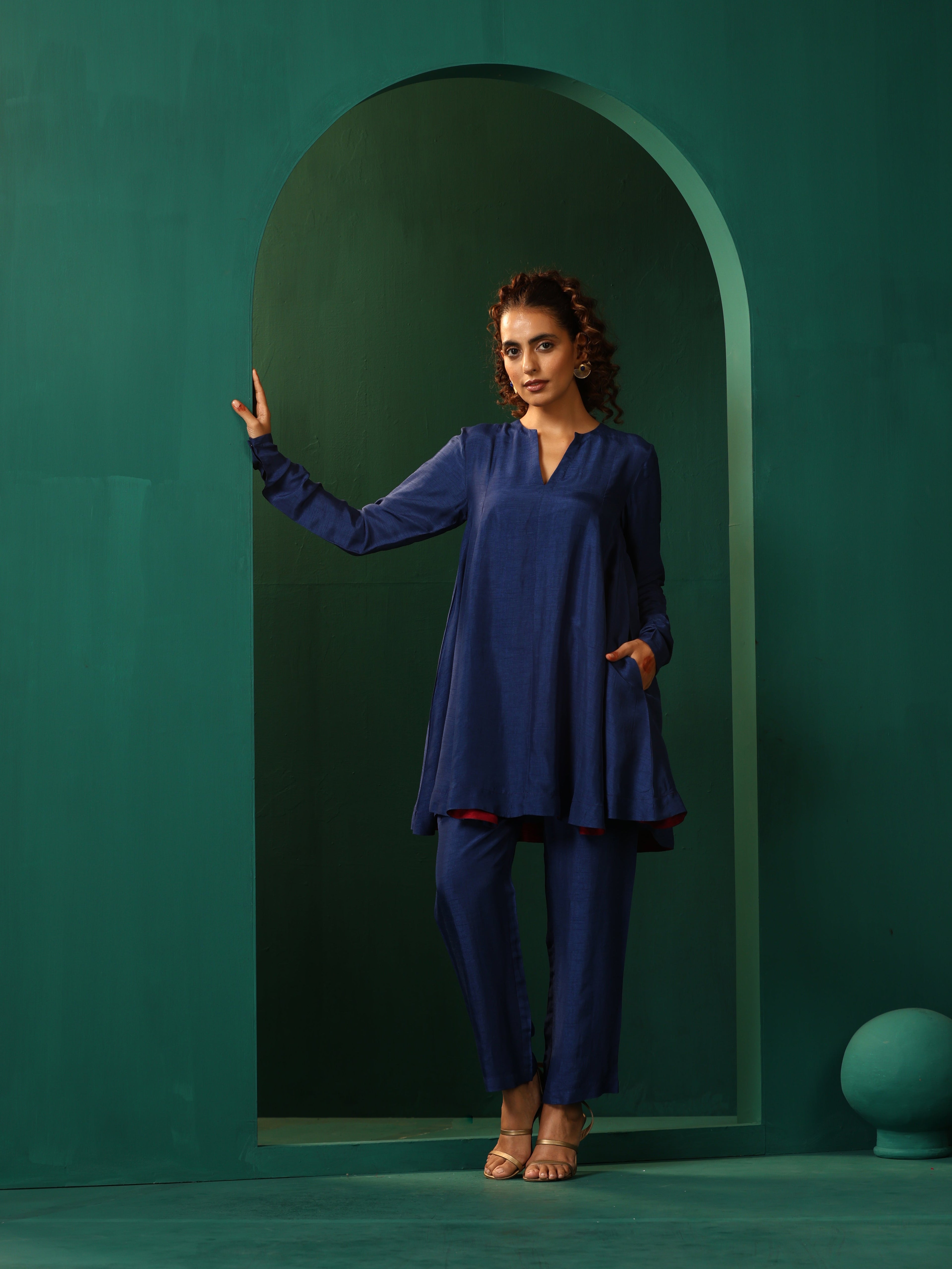 trueBrowns Blue Silk Flared Co-ord Set | Grocsy