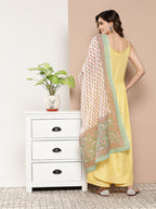 InWeave Women's Light Yellow Ray Strappy Set With Aqua Printed Border Dupatta | Grocsy