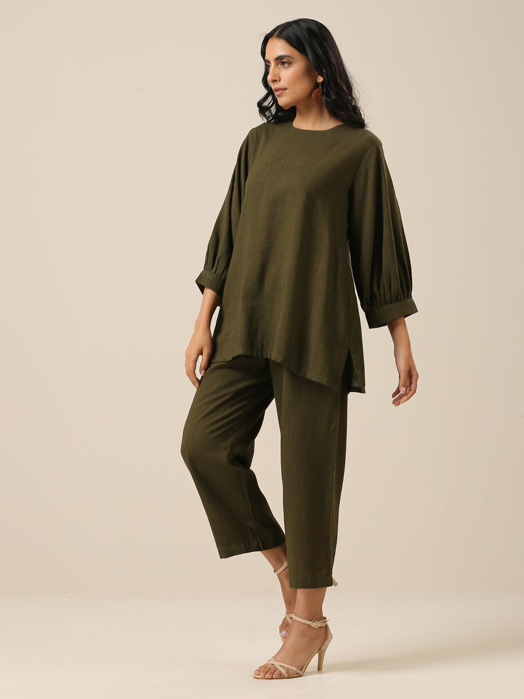 trueBrowns Olive Green Slub Texture Baggy Sleeve Co-Ord Set | Grocsy