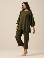 trueBrowns Olive Green Slub Texture Baggy Sleeve Co-Ord Set | Grocsy