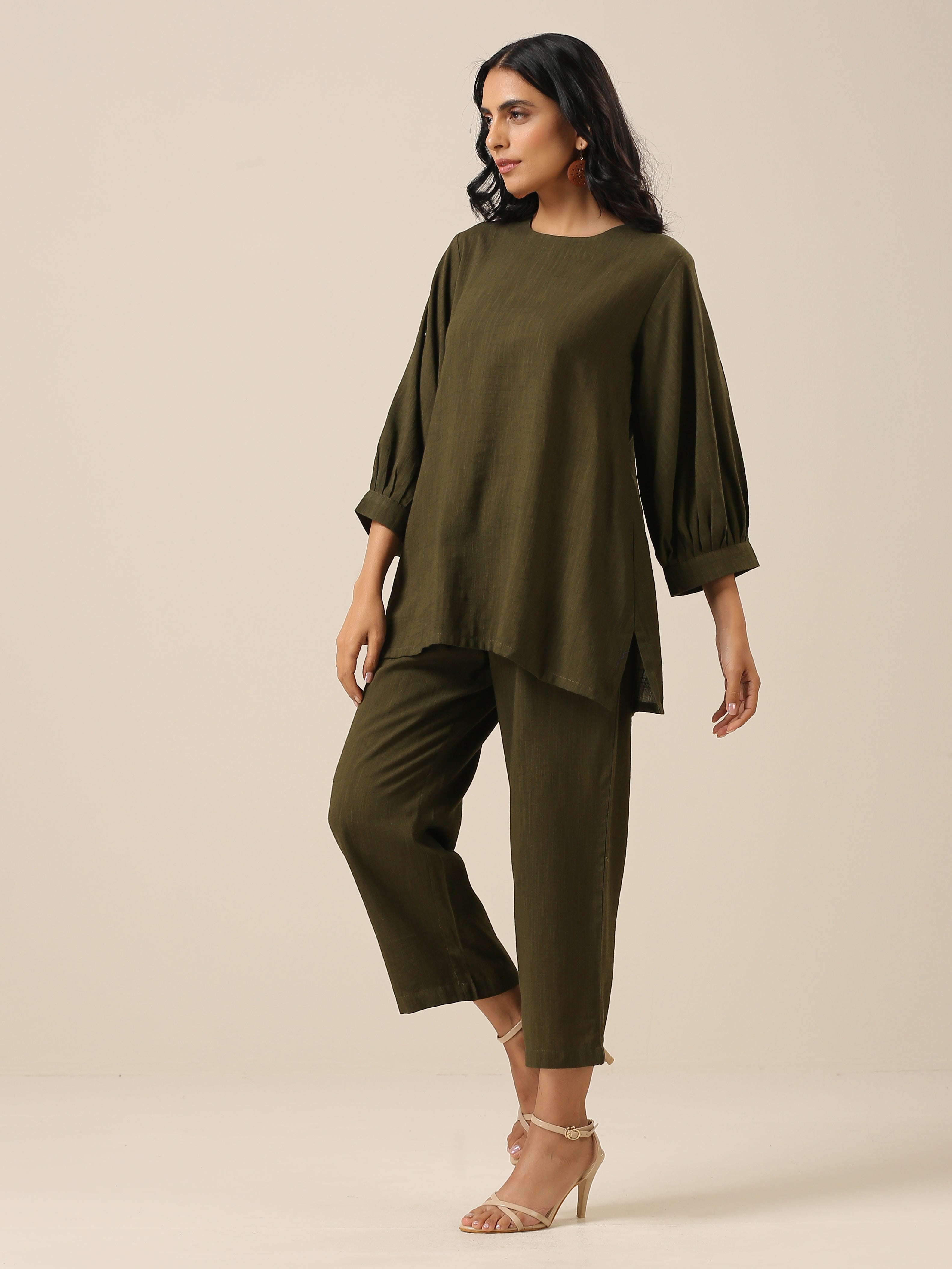 trueBrowns Olive Green Slub Texture Baggy Sleeve Co-Ord Set | Grocsy