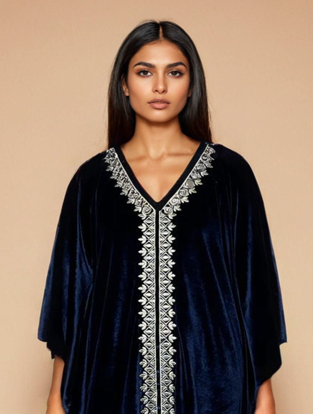 trueBrowns Navy Blue Velvet Embroidered Kaftan Kurta Set | Grocsy