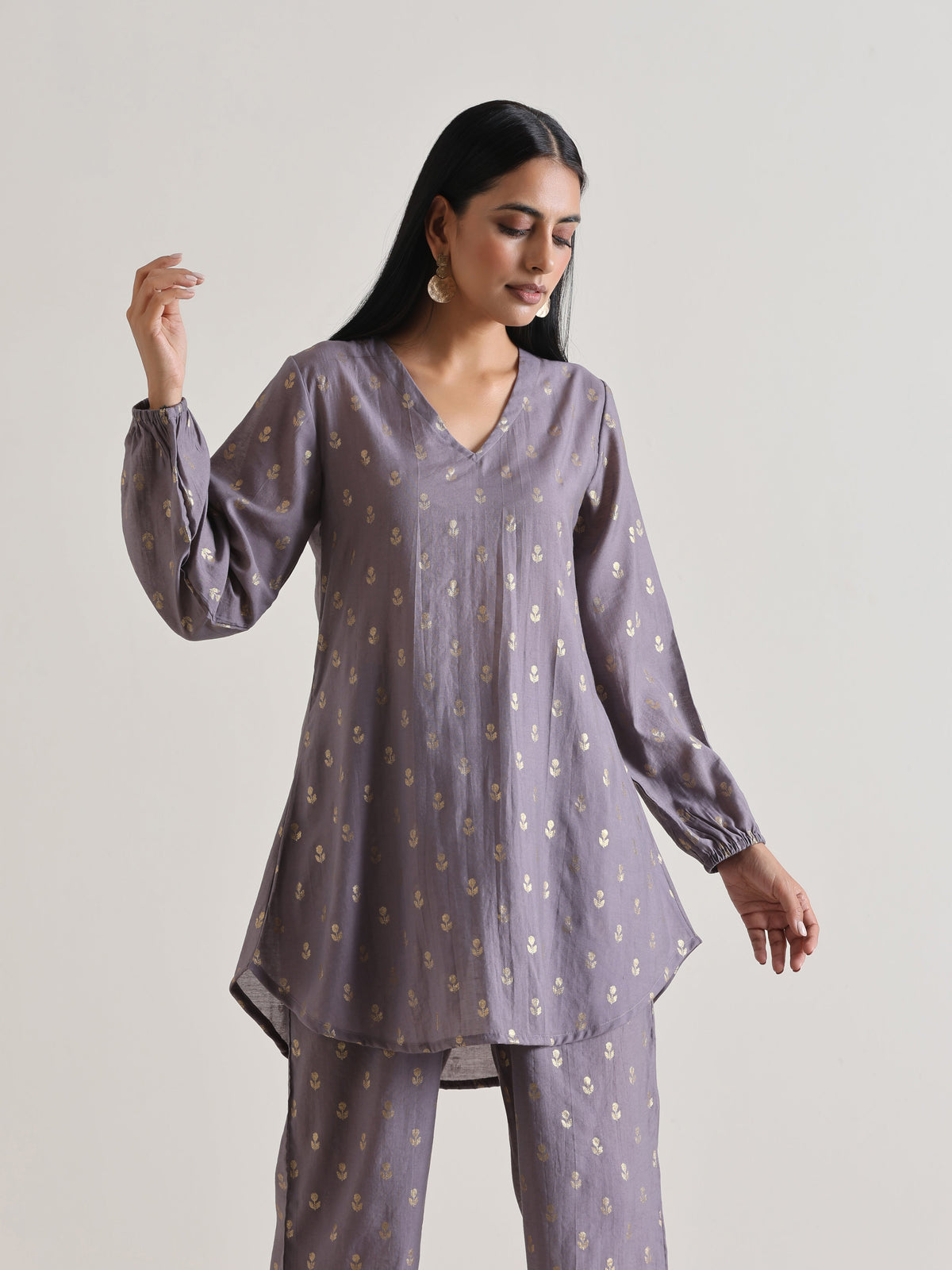 trueBrowns Plum Grey Foil Short Co-Ord Set | Grocsy