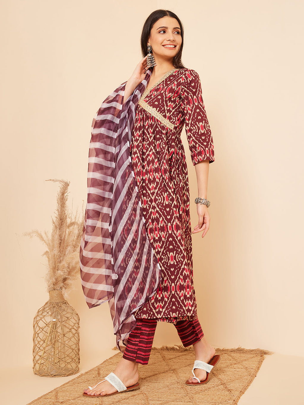 InWeave Women's Wine Ikkat Print Alia Cut Gota Work Kurta Set W Wine Leh Dup | Grocsy