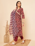 InWeave Women's Wine Ikkat Print Alia Cut Gota Work Kurta Set W Wine Leh Dup | Grocsy