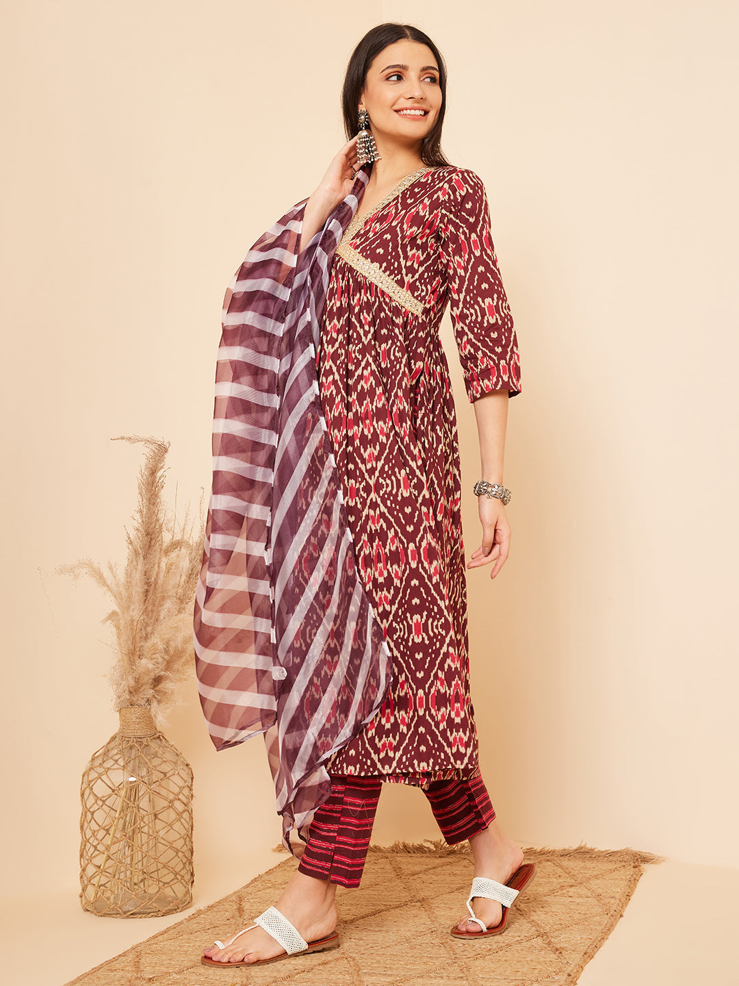 InWeave Women's Wine Ikkat Print Alia Cut Gota Work Kurta Set W Wine Leh Dup | Grocsy