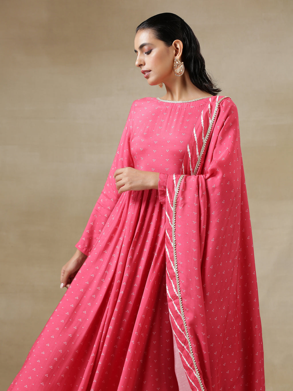 trueBrowns Pink Bandhani Printed Silk Anarkali Kurta Pant Dupatta Set | Grocsy