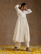 trueBrowns Ivory Gold Cotton Kalidar Kurta Set | Grocsy