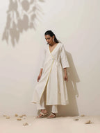 trueBrowns Off White Cotton Linen Angrakha Kurta Pant Set | Grocsy