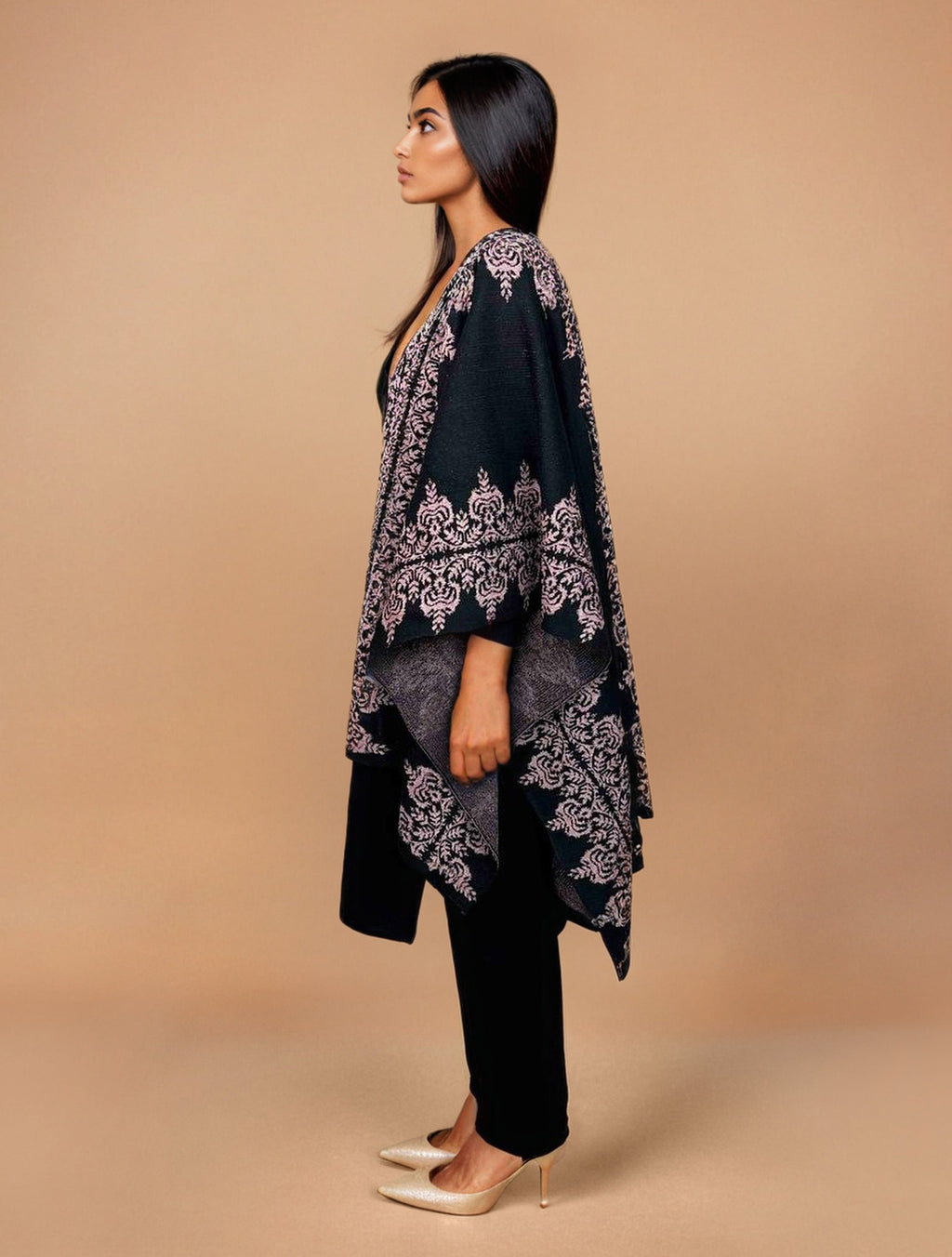 trueBrowns Black Woollen Pink Jacquard Kaftan Cape | Grocsy