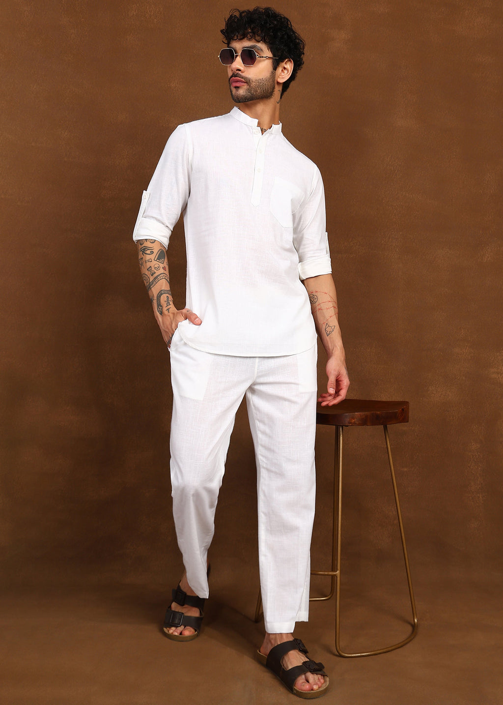 Fabmade Ivory Ease Linen Short Kurta Co-Ord Set | Grocsy
