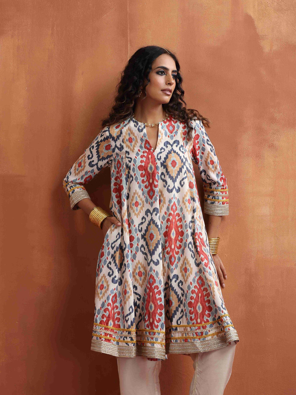 trueBrowns Off White Ikat Print Anarkali Kurta Co-ord Set | Grocsy