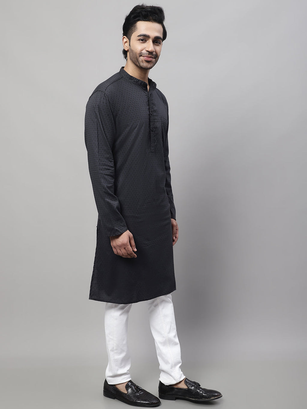 Even Apparels Black Pure Cotton Kurta With Band Collar | Grocsy