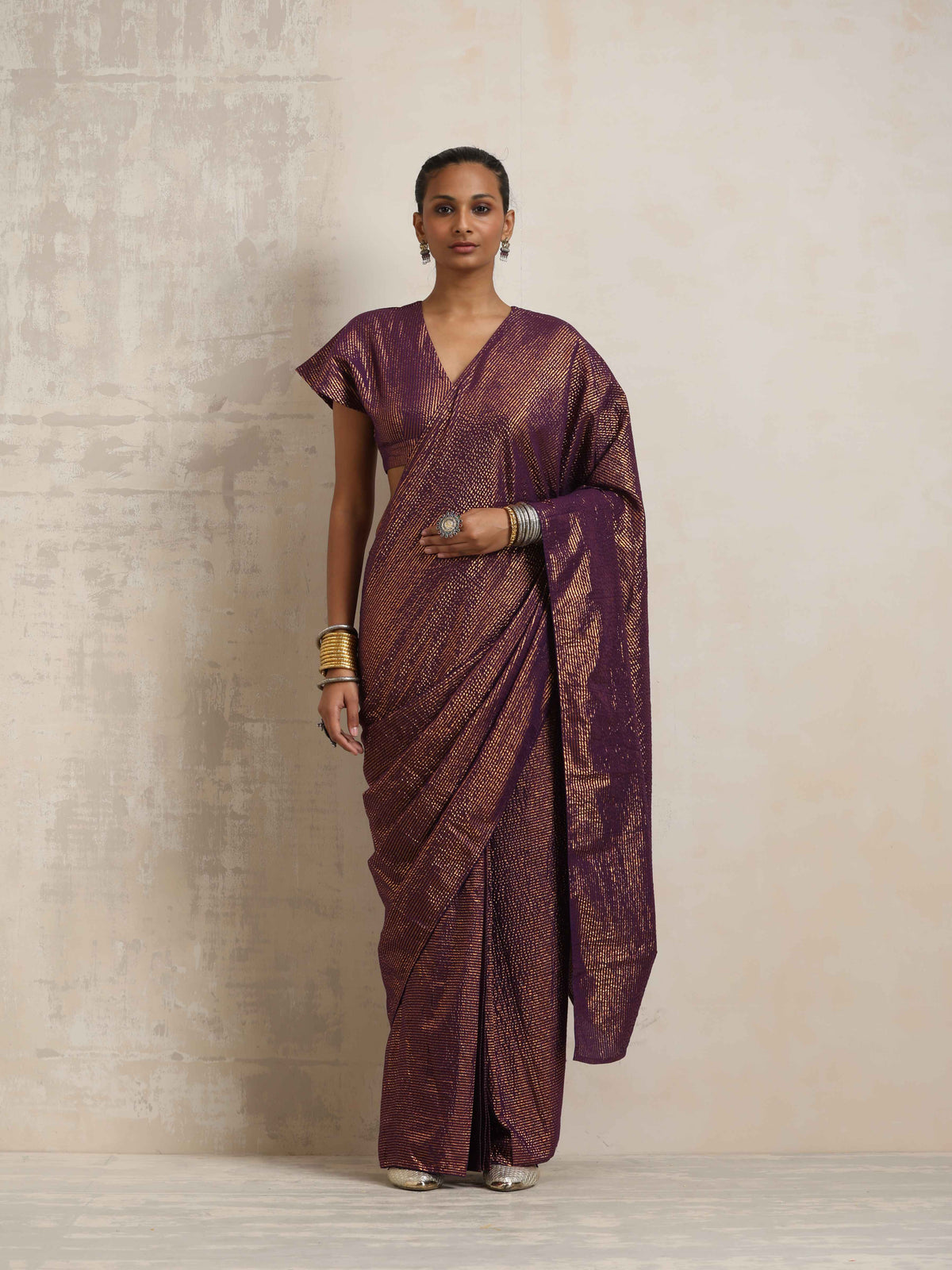trueBrowns Purple Gold Lurex Ready To Wear Saree | Grocsy